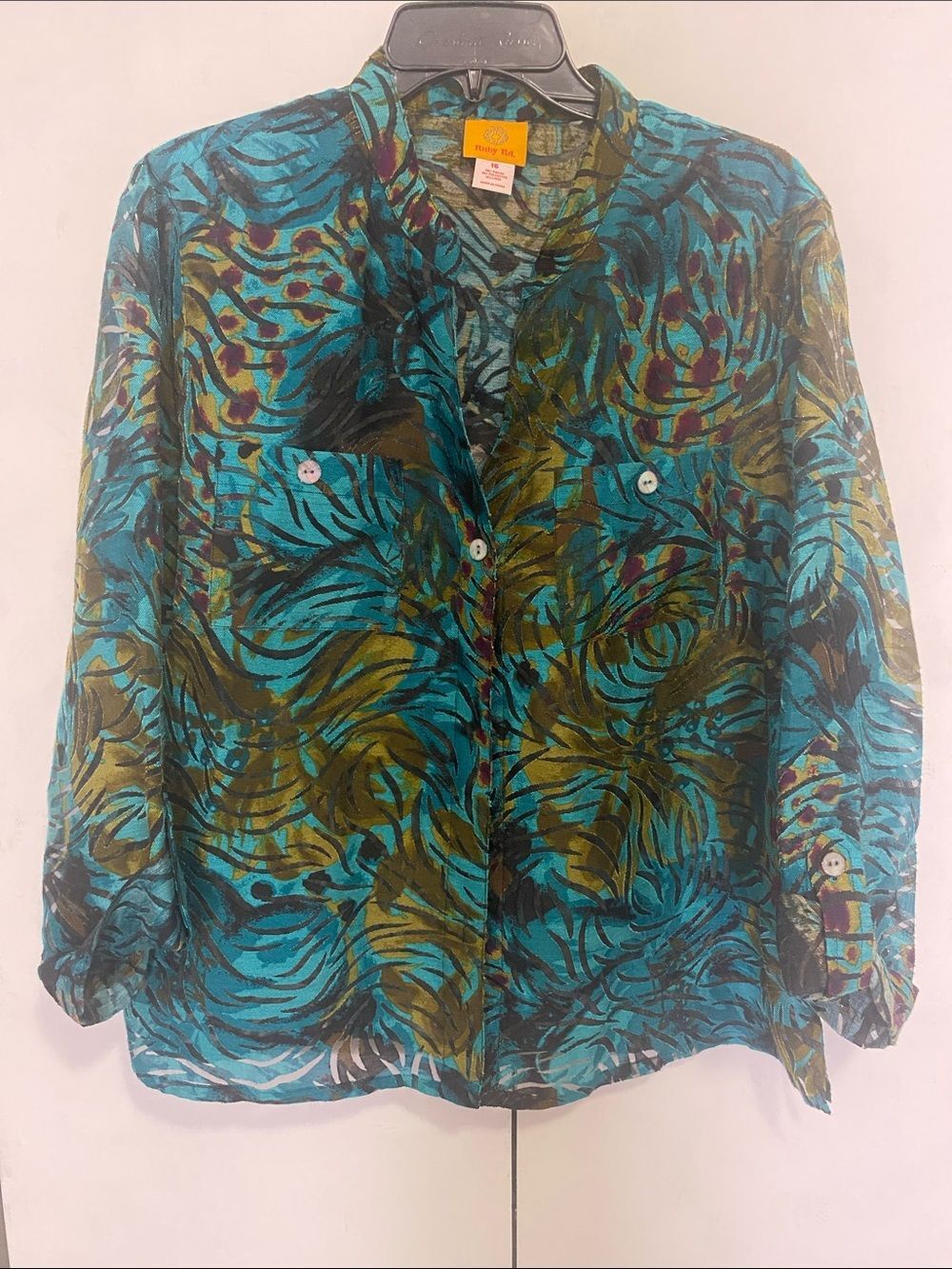 Ruby Rd Sheer Teal Olive Tropical Print Shirt Linen Blend 16 Roll Tab Sleeve